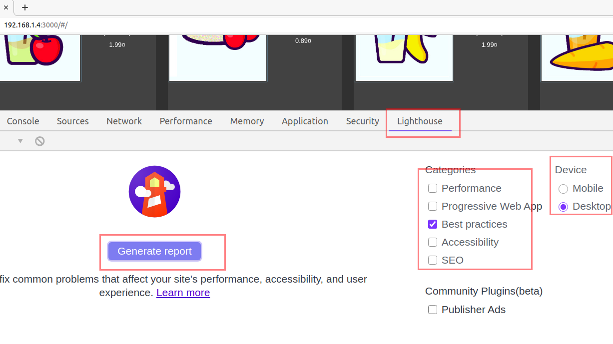 Lighthouse configuration with Best Practices selected