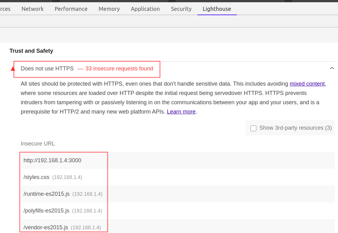 Lighthouse Best Practices findings in the example audit
