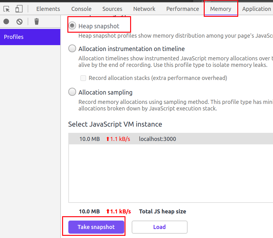 Heap snapshot option in the Memory panel